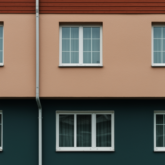 "Fachada exterior de casa pintada de manera fotorealista, que destaca por su armoniosa combinación de colores y texturas, reflejando un diseño moderno y excelente artesanía."