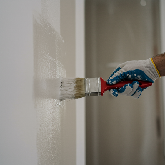 "Primer plano de un pintor profesional aplicando pintura de alta calidad en una pared, destacando su técnica y la textura del acabado en un entorno luminoso y ordenado."