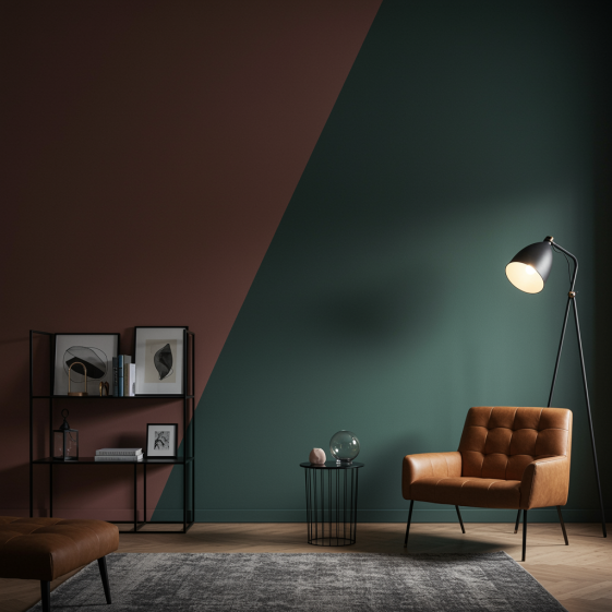 "Interior moderno y elegante con pared de acento pintada, luz natural y diseño contemporáneo, ideal para destacar servicios de pintura personalizada."