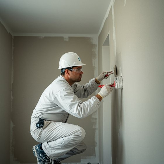 "Pintor profesional aplicando pintura blanca en una pared exterior, destacando la calidad y artesanía del trabajo con pinceladas visibles y herramientas especializadas."